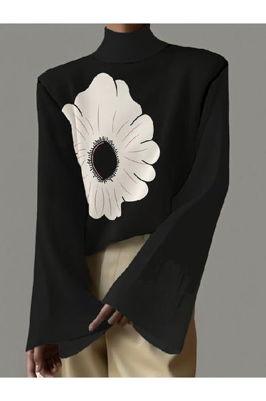 Flared Sleeves Flower Print High-neck T-Shirts Tops