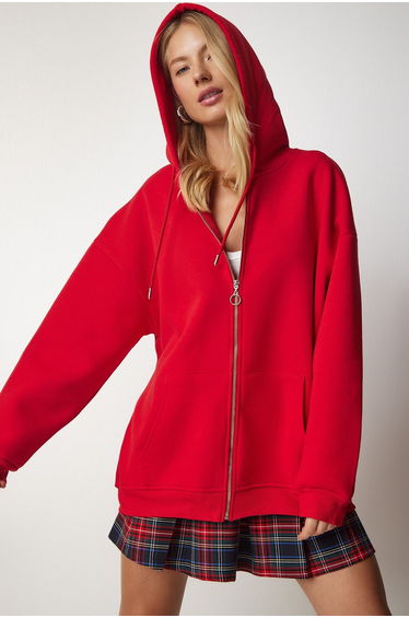 Women's Red Hoodie with Zipper Oversized Sweatshirt
