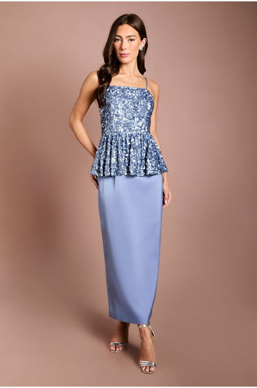 Muse Sequin Strappy Peplum Top Column Midi Dress