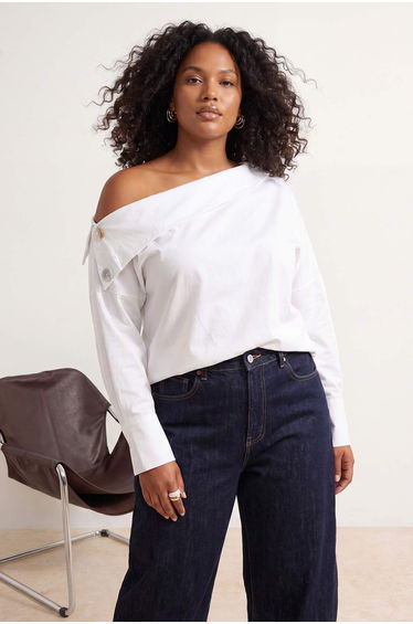 White Striped Asymmetric Collar Woven Blouse