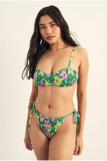 Shirred Floral Crop Tie Side Bikini Set