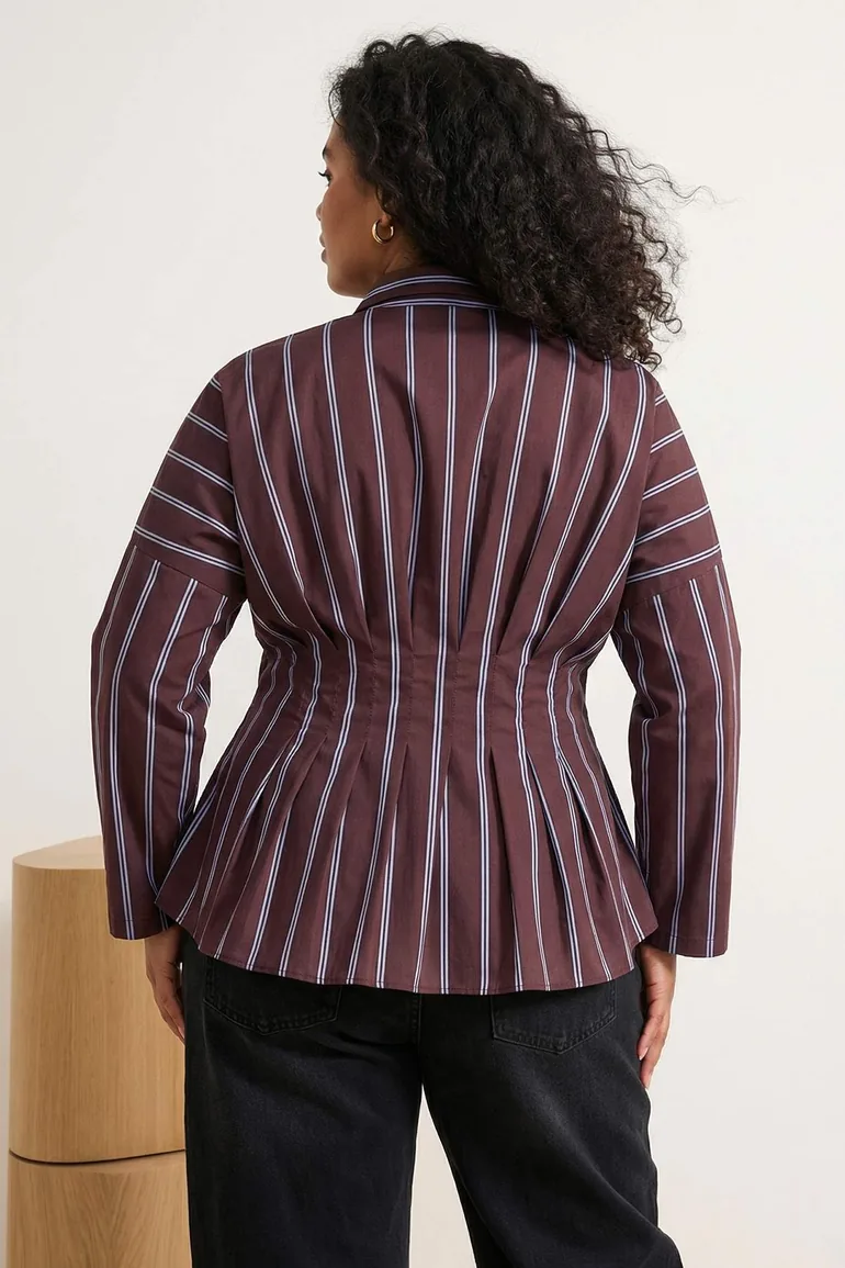 Brown-Multicolor Striped Lycra Waist Fitted Plus Size Woven Shirt - 4
