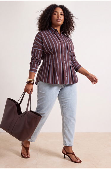 Brown-Multicolor Striped Lycra Waist Fitted Plus Size Woven Shirt
