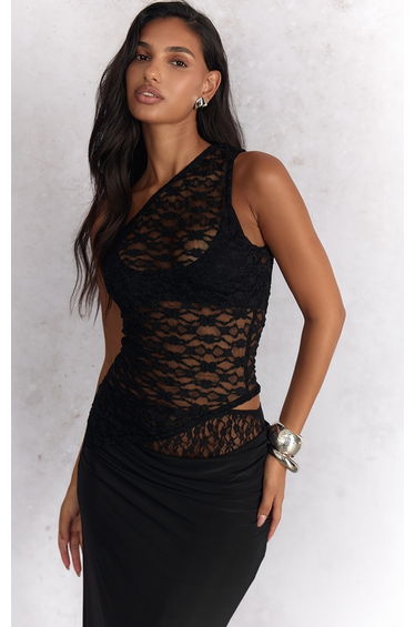 Black Textured Lace Asymmetric Sleeveless Top