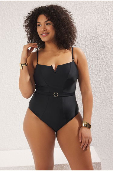 Black Square Neck V Neck Detail Beli Belted Plus Size Swimsuit