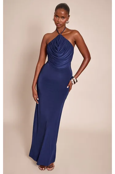 Navy Slinky Halterneck Draped Detail Maxi Dress