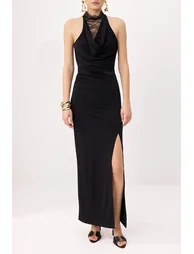 Black Lace Detailed Knitted Maxi Evening Dress & Graduation Dress - 3