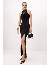 Black Lace Detailed Knitted Maxi Evening Dress & Graduation Dress