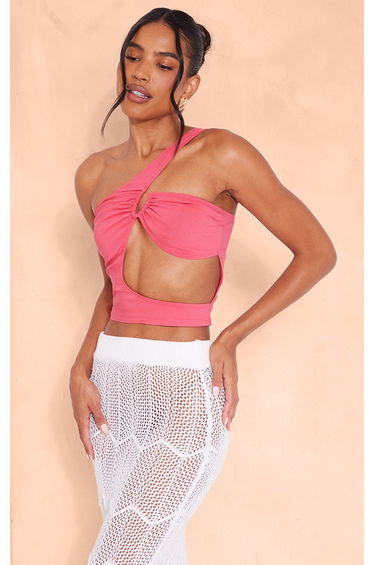 Hot Pink Stretch Woven Cut Out Ring Detail Asymmetric Crop Top