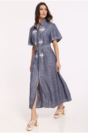Linen Blend Embroidered Midi Dress