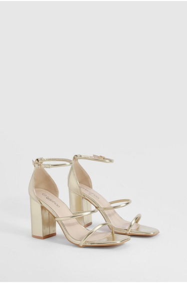 Triple Strap Block Heel Sandals - gold