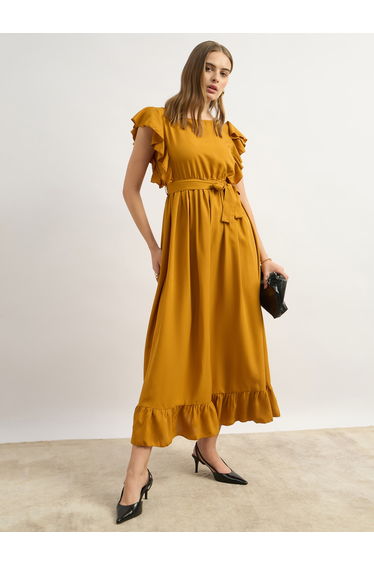 Solid Ruffled Hem Tiered Midi Dress with Waist Tie-Up