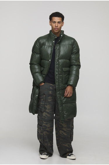 Regular Fit High Shine Longline Puffer Jacket - khaki