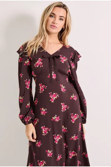 Chocolate Ditsy Contrast Bow Detail Frill Printed Midaxi Dress