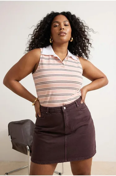 Pink Polo Collar Striped Sleeveless Knitted Plus Size Blouse