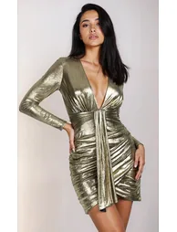 Gold Foil Draped Plunge Mini Dress by Chloe Lewis