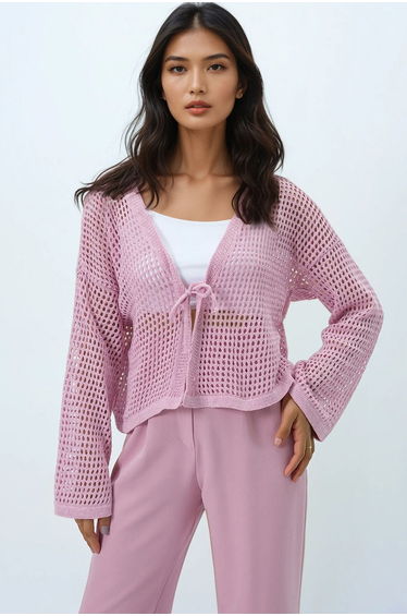 Women's Powder Pink Openwork Tie Detailed Seasonal Crop Knitwear Cardigan