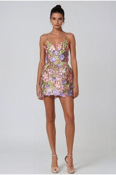 Denica Spaghetti Embroidered Flower Mini Dress