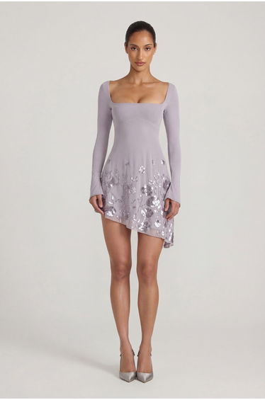 Embellished Asymmetric Mini Dress in Lilac