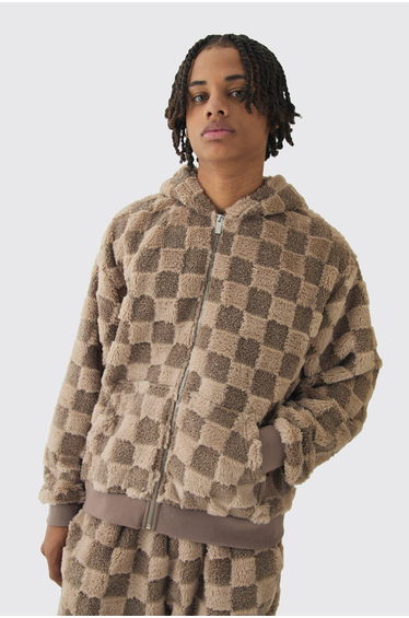 Oversized Boxy Zip Through Checkboard Textured Borg Hoodie - brown