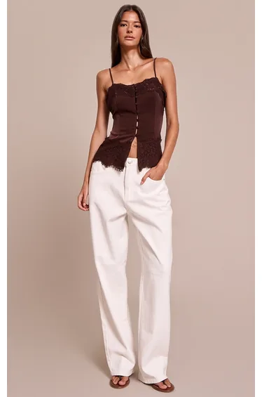 Chocolate Satin Button Up Lace Detail Cami