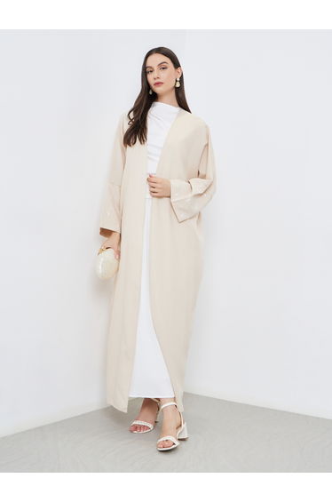Cream Open Front Embroidered Sleeve Abaya