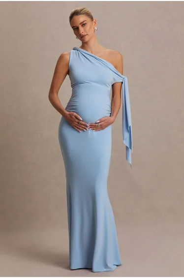 Orielle | Powder Blue Asymmetric-Neck Maxi Dress With Knot-Sleeve And Sash