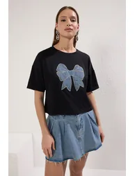 Black Bow Embroidered Regular/Normal Pattern Crop Knit T-Shirt - 1