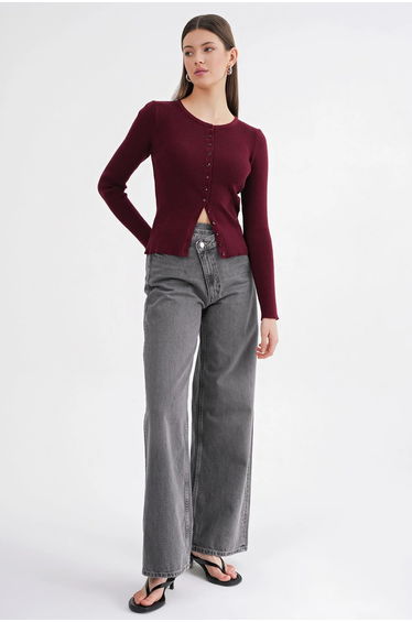 Mixray Buttoned Slim Fit Ribbed Knit Cardigan