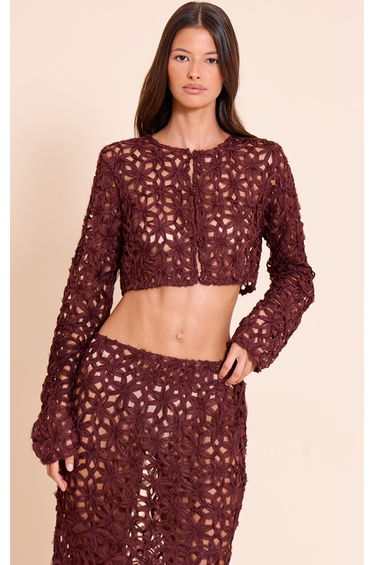 Dark Brown Textured Floral Button Cropped Top