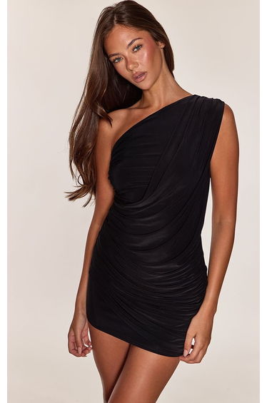 Black Double Layer Slinky Drape Front Mini Dress