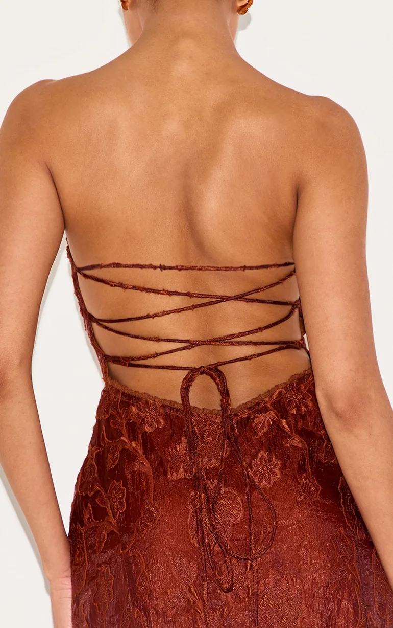 chestnut textured lace up back maxi dress Chestnut Textured Lace Up Back Maxi Dress Prettylittlething Brown : Evening  Dresses : VogaCloset Jordan