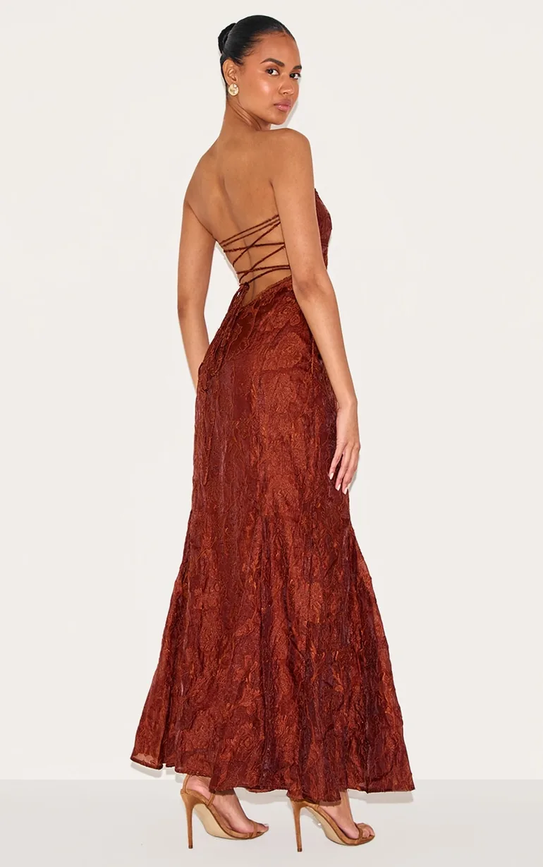 chestnut textured lace up back maxi dress Chestnut Textured Lace Up Back Maxi Dress Prettylittlething Brown : Evening  Dresses : VogaCloset Oman