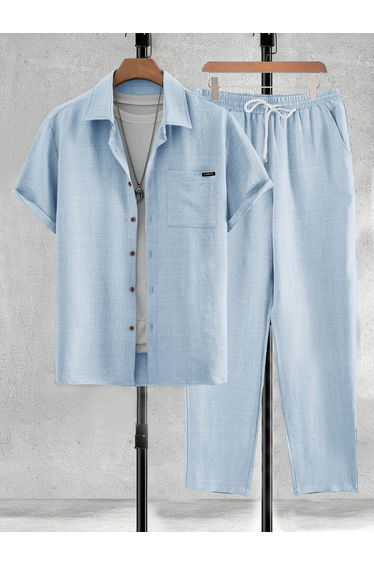 Men Light Blue Solid Shirt and Pants Co-ords