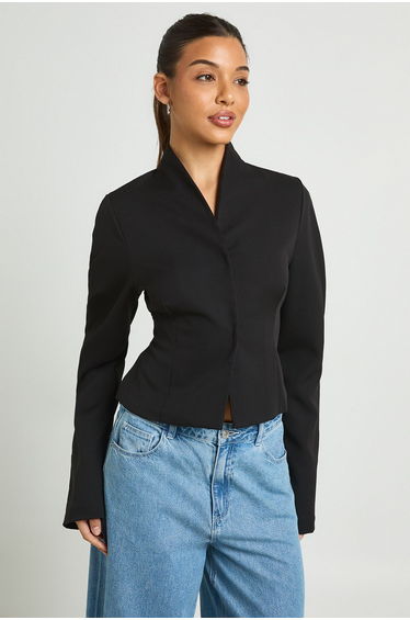 Concealed Fastening Barrel Sleeve Blazer - black