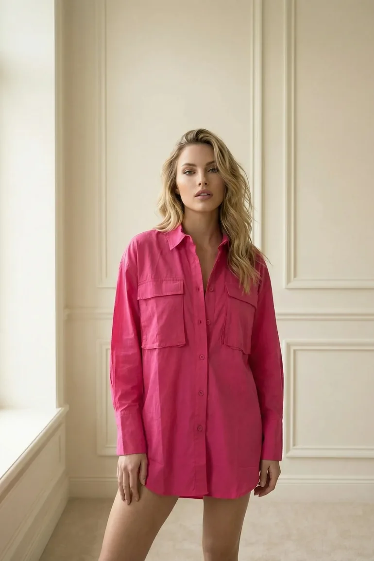 MY FASHION Oversized Long Sleeve Cotton Shirt with Pocket