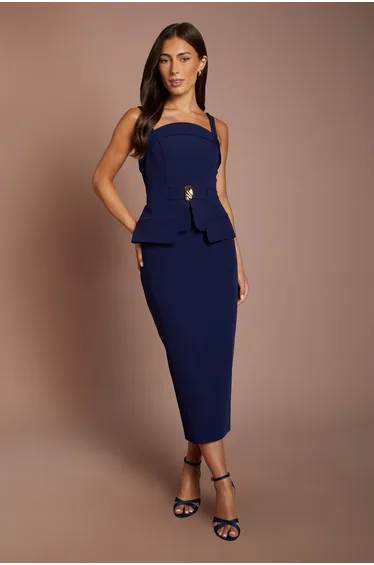 Peplum Detail Sleeveless Belted Dress