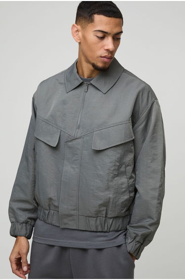 Oversized Boxy Peached Nylon Pocket Harrington Jacket - charcoal