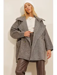 Women's Brown Double Breasted Collar Herringbone Patterned Coat with Pockets