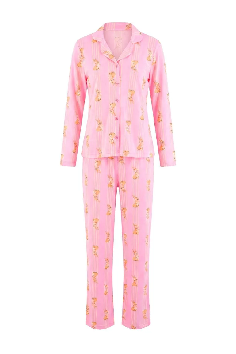 Pink 100% Cotton Striped Rabbit Pattern Knitted Pajamas Set - 4