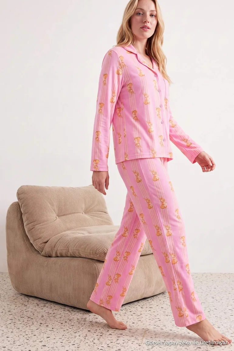 Pink 100% Cotton Striped Rabbit Pattern Knitted Pajamas Set - 2