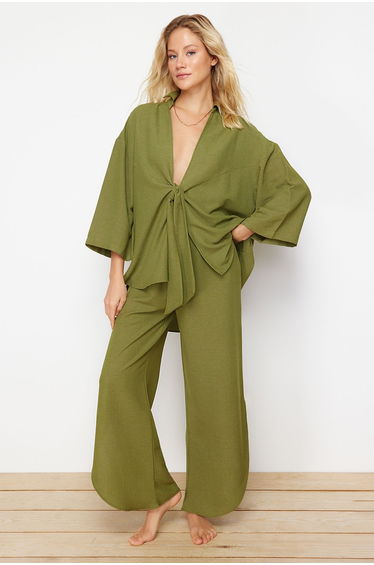 Khaki Woven Tie Linen Blend Shirt Trouser Suit