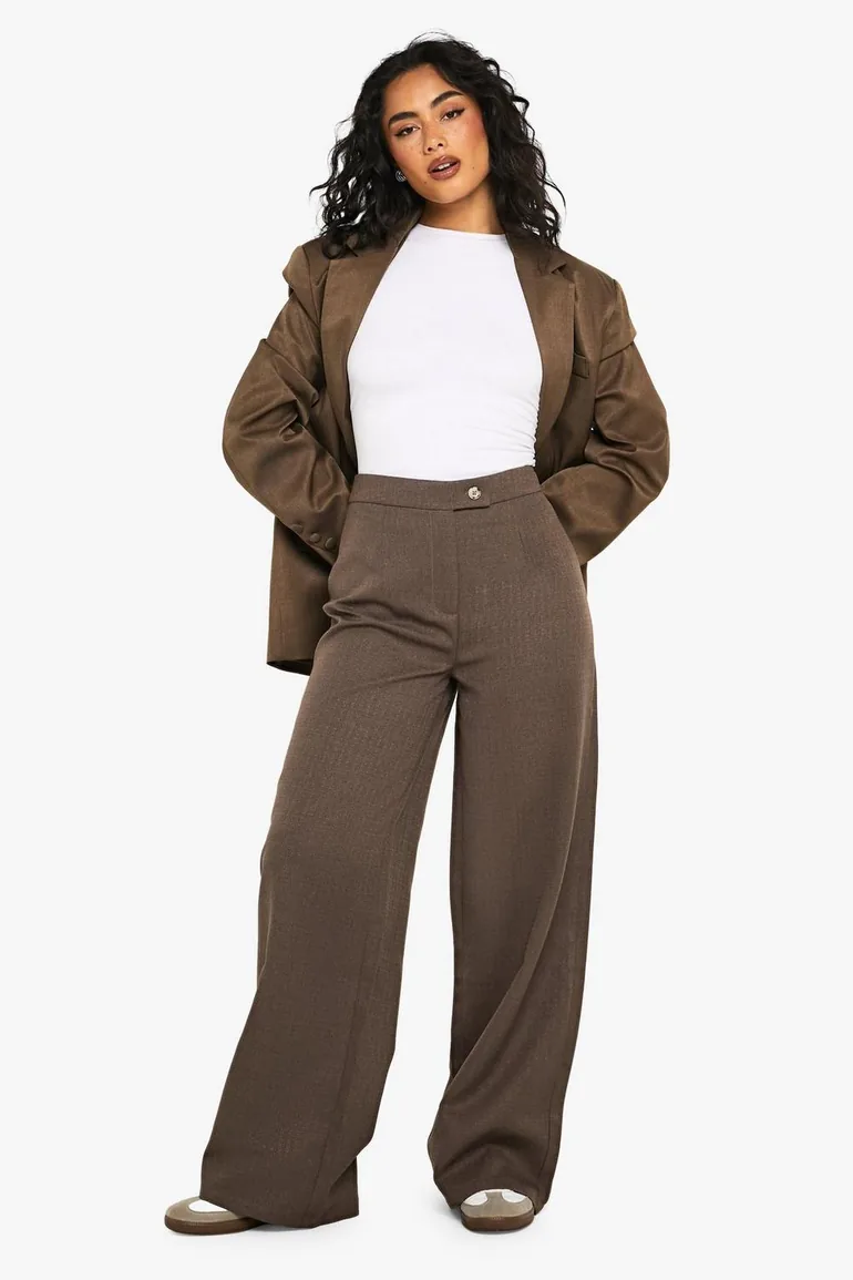 Textured Straight Leg Trousers - mocha