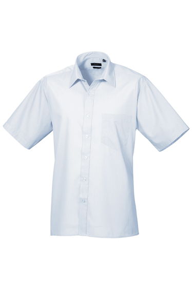 Premier Mens Short Sleeve Formal Poplin Plain Work Shirt - Light Blue