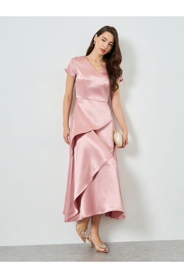 Women Pink Satin Layered Maxi Dress