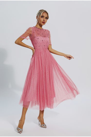 Clementine Pink Mesh Diamond Midi Dress