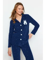 Navy Blue Fleece Polka Dot Animal Print Shirt-Pants Knitted Pajamas Set - 7