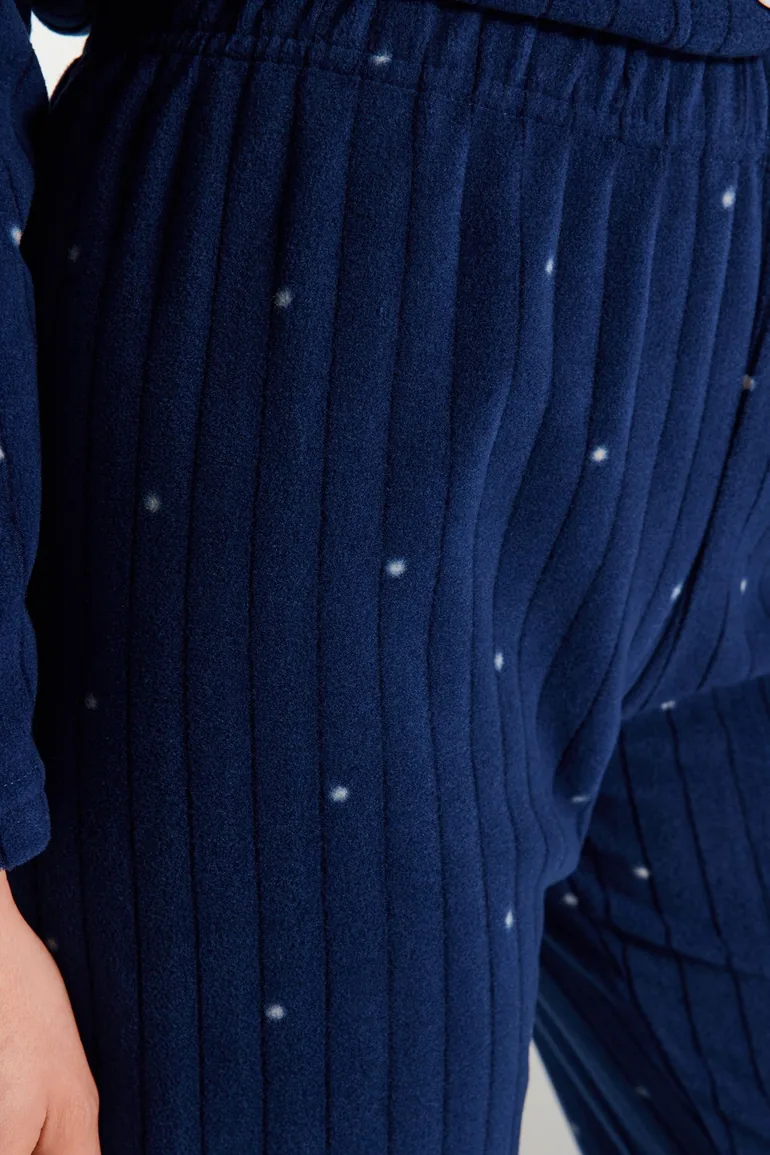 Navy Blue Fleece Polka Dot Animal Print Shirt-Pants Knitted Pajamas Set - 4