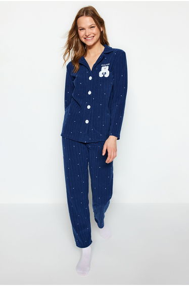 Navy Blue Fleece Polka Dot Animal Print Shirt-Pants Knitted Pajamas Set