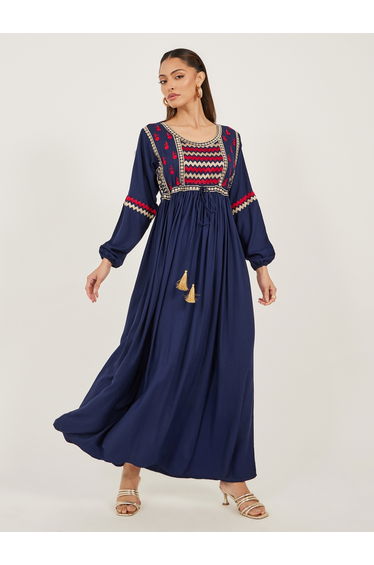 Women Navy Blue Maxi Embroidered Jalabiya